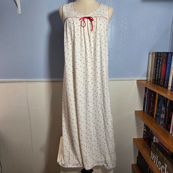 JCPenney Medium White Red Cherry Print Sleeveless Long Summer Nightgown - Picture 1 of 9